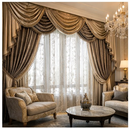 Grand layered living room drapery with decorative valance