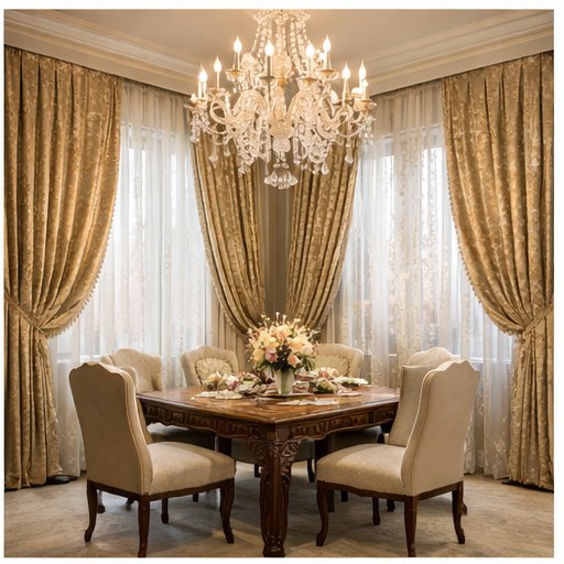 Dining room with gold drapery and sheer layers