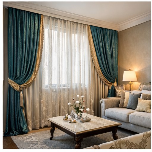 Modern living room with teal drapes and sheers