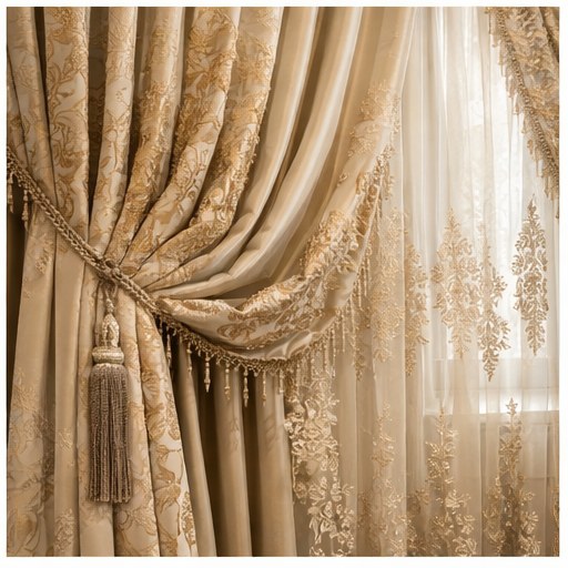 Close-up of embroidered sheer and drapery fabric