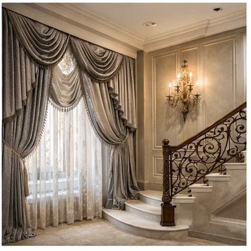 Stairway window with layered drapes and valance